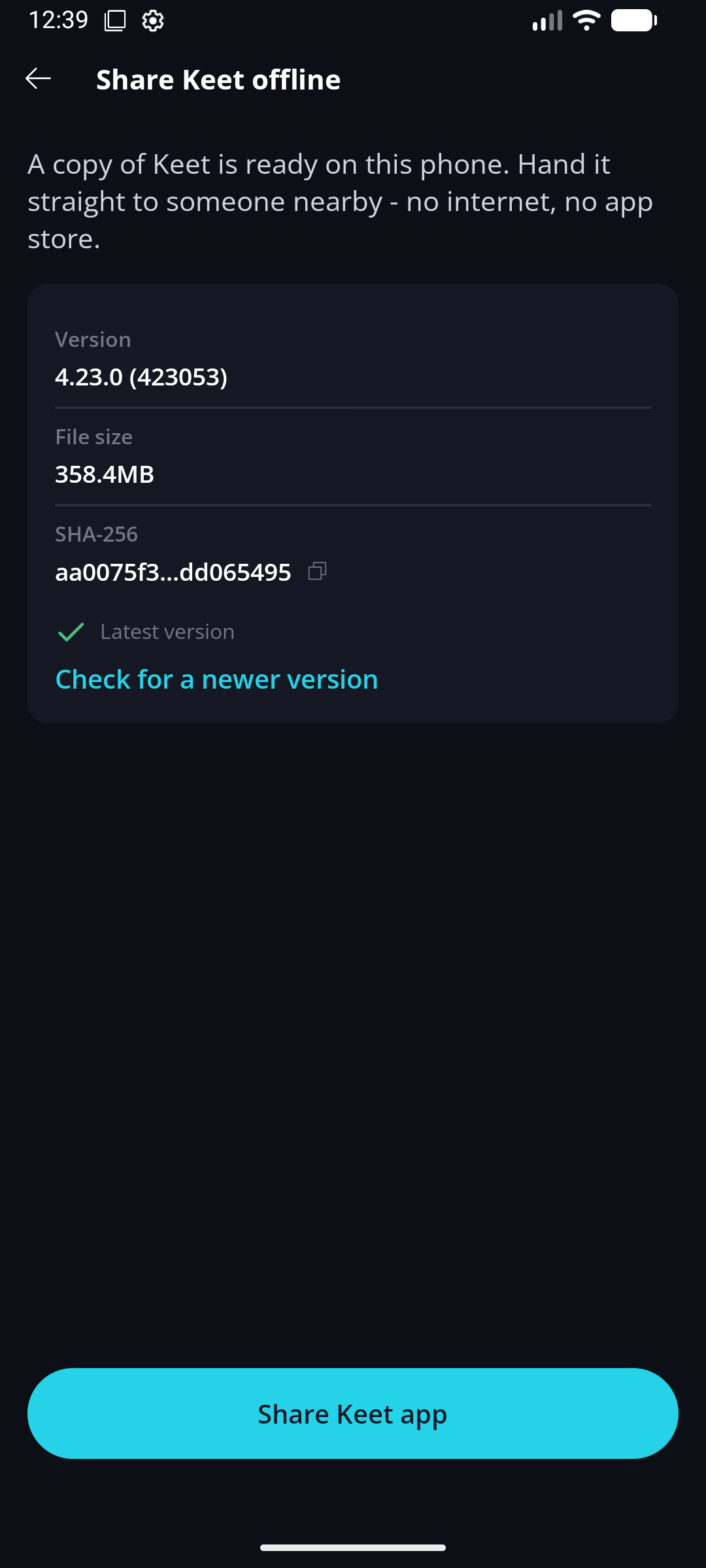 Moving to the New Android APK Build · Save a copy Share Keet offline screen showing a saved copy of Keet marked as the latest version.