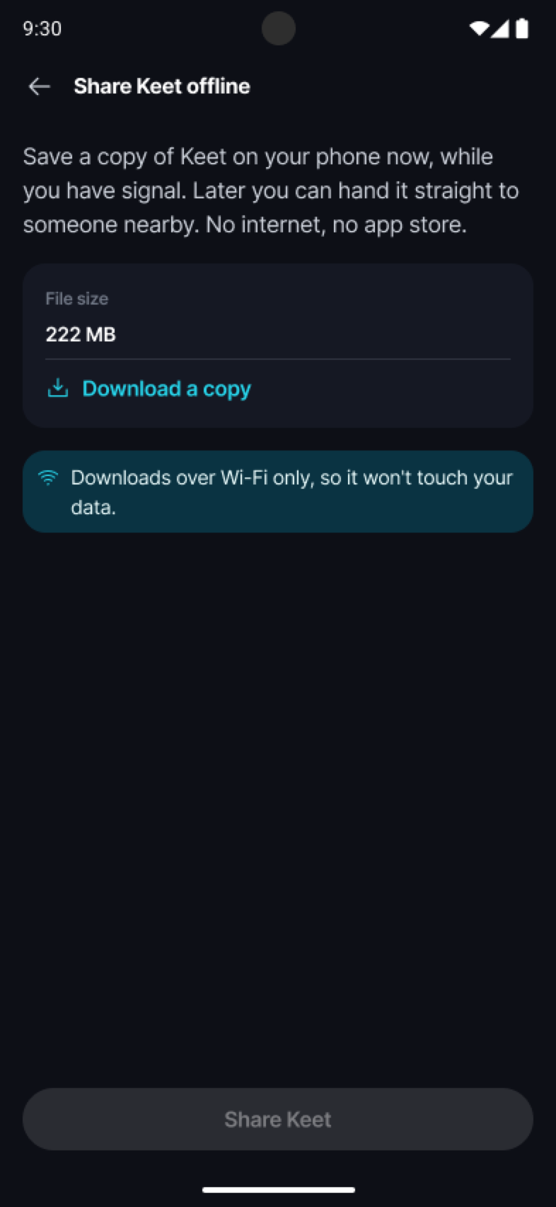 Moving to the New Android APK Build · Save a copy Share Keet offline screen with the Download a copy option.