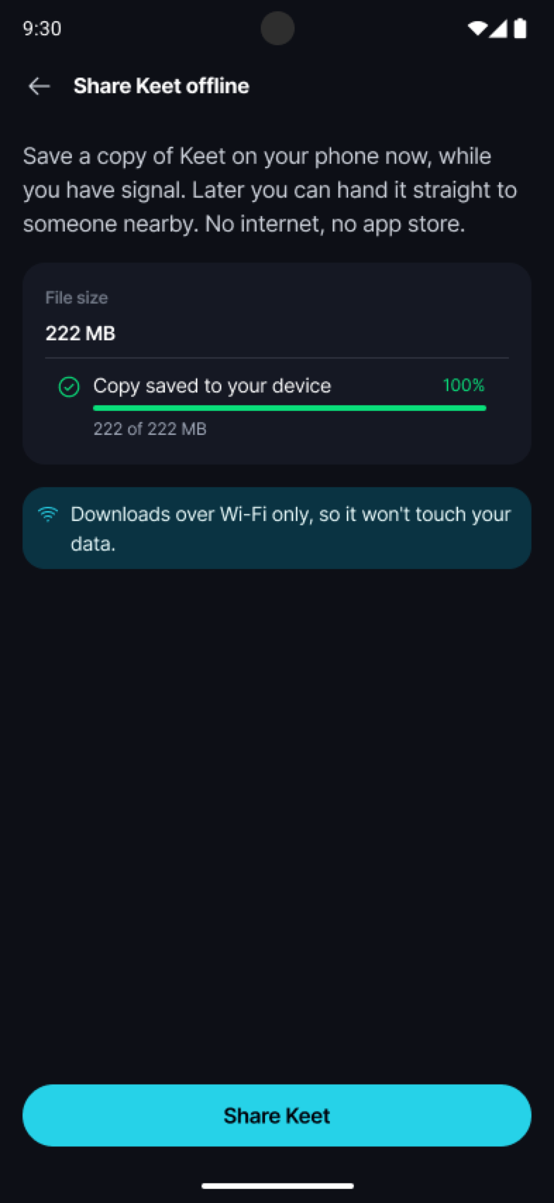 Moving to the New Android APK Build · Share the copy Share Keet offline screen with a saved copy of Keet and the share button enabled.